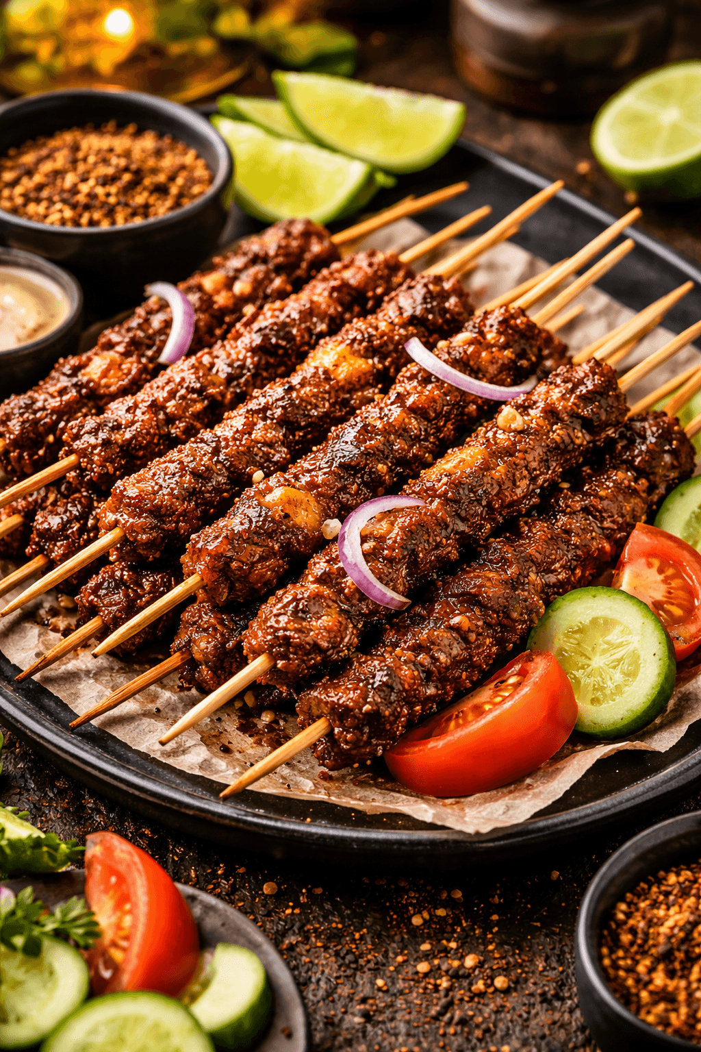 Suya on the grill with a pepper rub